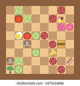 Chess party between healthy food and junk food