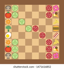 Chess party between healthy food and junk food