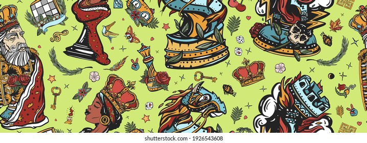 Chess pattern. Checkmate concept. Traditional tattooing art. White king and black queen. Gambit. Pieces, board game. Old school tattoo style. Fiery knight and burning rook