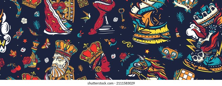 Chess pattern. Checkmate retro colorful seamless background. Traditional tattooing art. White king and black queen. Gambit. Pieces, board game. Fiery knight and burning rook. Old school tattoo style 