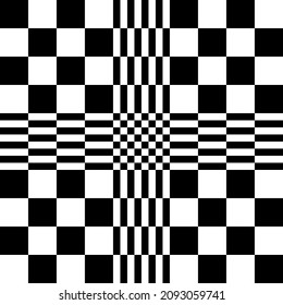 Chess pattern with a cross in the center of the canvas. Rectangles and squares in black and white create a checkerboard abstraction.