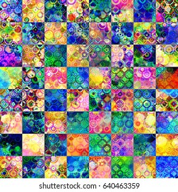 Chess pattern over colorful seamless background from spots, circles and strokes. Abstract vector pattern for fabric, wrapping, home decor. 