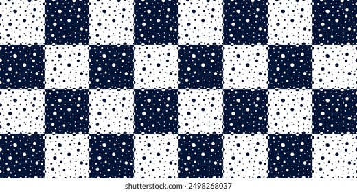 Chess pattern of tiles with dots and circles. Vector seamless checkered pattern.