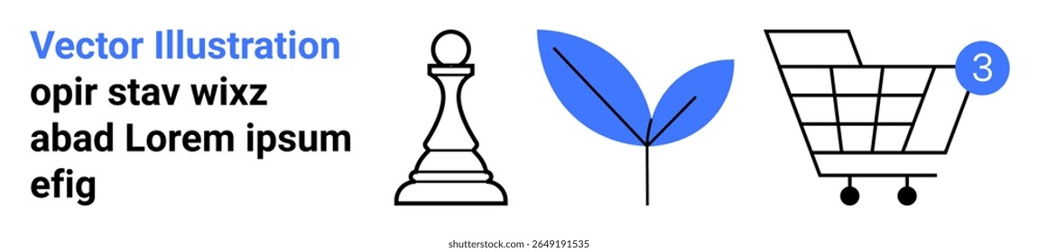 Chess pawn, blue leaf, and shopping cart with notification icon. Ideal for strategy, nature, environment, shopping, business, ecommerce, and notifications. Perfect for digital marketing, online
