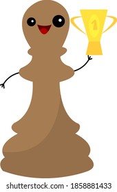 chess pawn cartoon character smiling and holding award for first place object on white background concept of popular board game