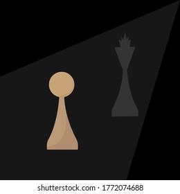 Chess pawn casts the Queen’s shadow on a black background concept of popular board games and success.