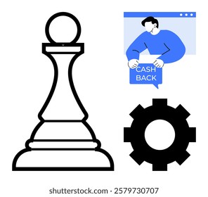 Chess pawn, gear, and cashback icon with a person holding a claim. Ideal for business strategy, finance, rewards systems, technology, and optimization themes. Simplistic tech style