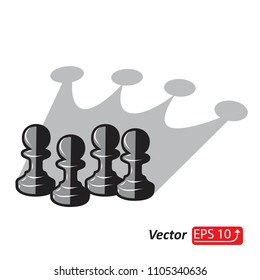 Chess pawn group with shadow shaped as a crown, business concept, leadership, teamwork power, black and white, isolated on background vector illustration 