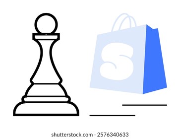 Chess pawn icon next to a blue and white shopping bag with an S logo. Ideal for strategy, e-commerce, business, online shopping, digital marketing. Simple flat style