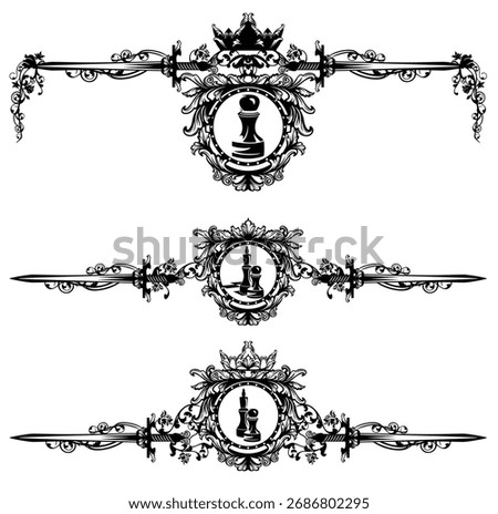 chess pawn and king pieces inside luxurious heraldic emblem with royal crown, roses and swords decor - sport game black and white vector calligraphic page divider design set