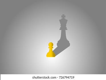 Chess pawn with king shadow. Ambitious, successful and big dream concept