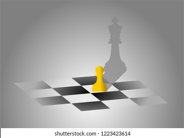 Chess pawn on checker chess board with king shadow. Ambitious, successful and big dream concept. Illustration vector