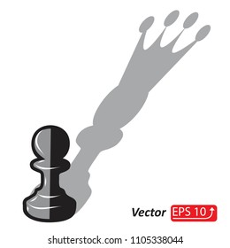 Chess pawn with shadow shaped as a crown, business concept, leadership, teamwork power, black and white, isolated on background vector illustration 