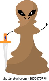 chess pawn smiling and holding a sharp sword object on white background concept of popular board game