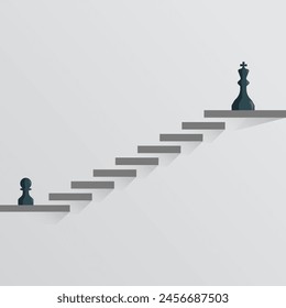 Chess pawn standing with king on the top of stairs. Dream, motivation and ambition vector illustration