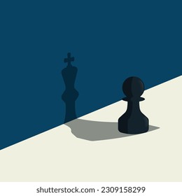 Chess pawn standing with shadow of king. Confident concept vector illustration