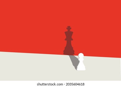 Chess Pawn Standing In A Spotlight That Make A Shadow Of King. Trust Yourself, Self Confident Concept