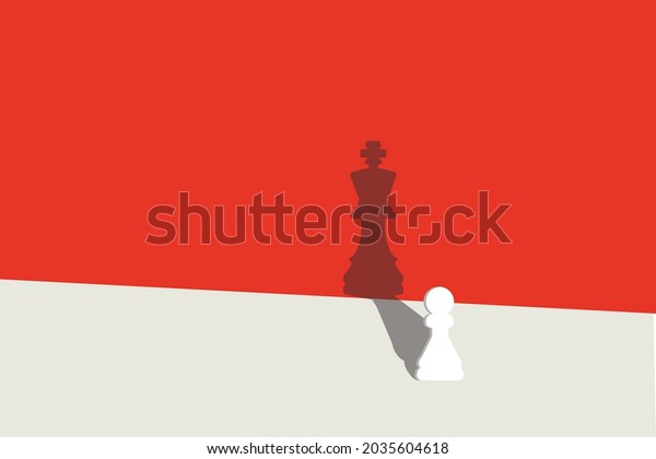 Chess pawn standing in a\
spotlight that make a shadow of king. trust yourself, self\
confident concept