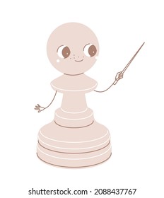 Chess pawn teacher is teaching the lesson infront of chessboard. Funny vector character.