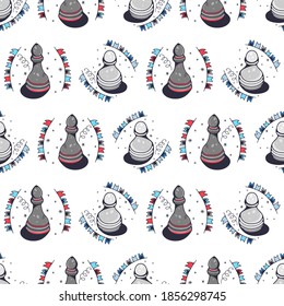 Chess pawns and bishops. Seamless pattern on a white background. Cute vector illustration.