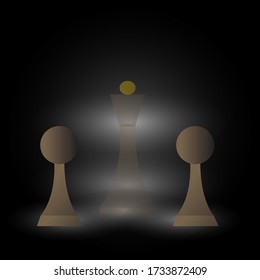 chess pawns and queen on a dark background with a bright middle concept of a popular board game