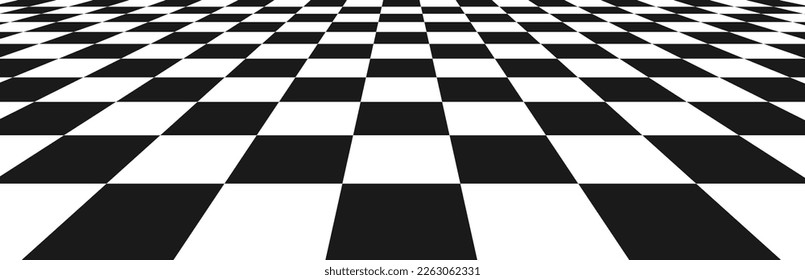 Chess perspective floor background. Black and white chessboard perspective floor texture. Checker board pattern surface. Fading away vanishing checkerboard background. Abstract vector illustration.