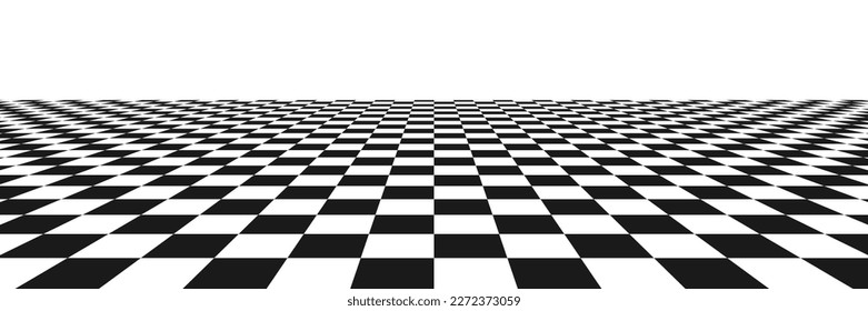 Chess perspective floor background. Black and white chessboard perspective floor texture. Checker board pattern surface. Fading away vanishing checkerboard background. Abstract vector illustration.