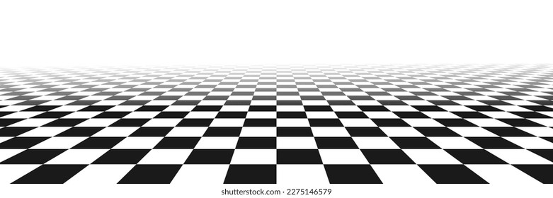 Fondo del piso de la perspectiva del ajedrez. Textura del suelo con perspectiva de tablero de ajedrez en blanco y negro. Superficie del patrón del tablero de verificación. Desapareciendo el fondo del tablero de ajedrez. Ilustración del vector abstracto.