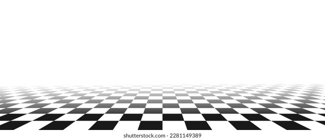 Chess perspective floor background. Black and white chessboard perspective floor texture. Checker board pattern surface. Fading away vanishing checkerboard background. Abstract vector illustration.