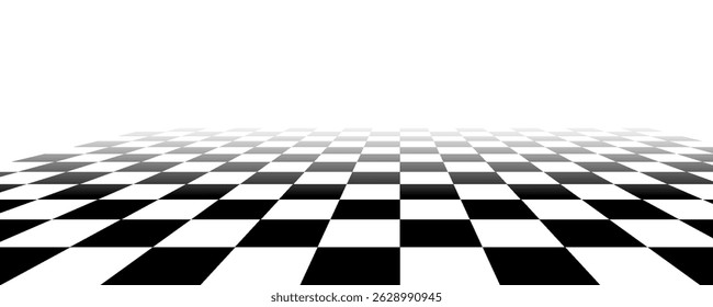 Chess perspective floor background. Black and white chessboard perspective floor texture. Checker board pattern surface. Fading away vanishing checkerboard background. Abstract vector illustration.