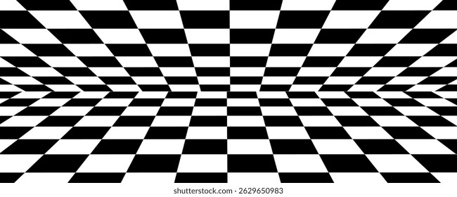 Chess perspective floor background. Black and white chessboard perspective floor texture. Checker board pattern surface. Fading away vanishing checkerboard background. Abstract vector illustration.