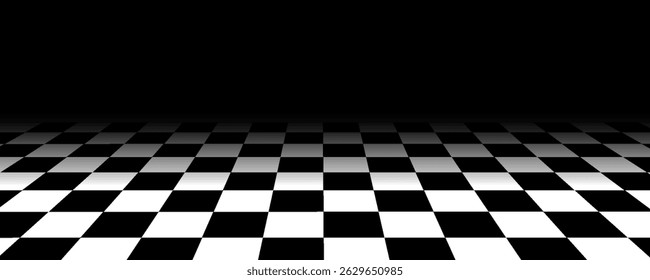 Chess perspective floor background. Black and white chessboard perspective floor texture. Checker board pattern surface. Fading away vanishing checkerboard background. Abstract vector illustration.