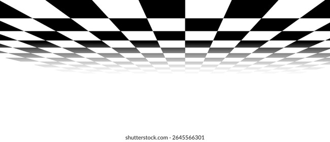 Chess perspective floor background. Black and white chessboard perspective floor texture. Checker board pattern surface. Fading away vanishing checkerboard background. Abstract vector illustration.