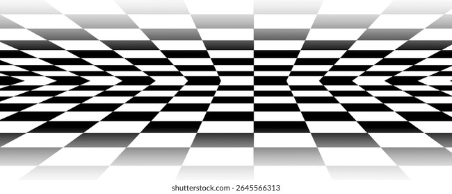 Chess perspective floor background. Black and white chessboard perspective floor texture. Checker board pattern surface. Fading away vanishing checkerboard background. Abstract vector illustration.