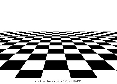 Schachperspektivischer Hintergrund. Schwarz-weißes Schachbrett mit perspektivischer Bodenstruktur. Oberfläche des Schachbrettmusters.