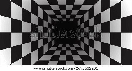 Chess perspective room background. Black and white chess board perspective room texture. Chess board pattern surface. Fading and disappearing chess board background. Abstract vector illustration.