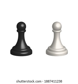 Chess piece 3D realistic icon. Smart board game elements. Chess pawn black and white silhouettes vector illustration isolated on white.