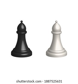 Chess piece 3D realistic icon. Smart board game elements. Chess bishop black and white silhouettes vector illustration isolated on white.
