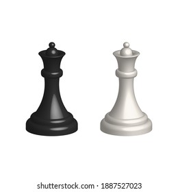 Chess piece 3D realistic icon. Smart board game elements. Chess queen black and white silhouettes vector illustration isolated on white.