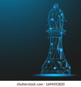 Chess piece bishop consisting of points and lines. Low poly wireframe on blue background. Creative minimal concept. Abstract illustration of a starry sky of galaxies. Digital Vector illustration.