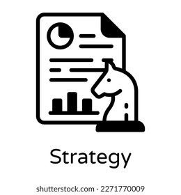 Chess piece and business report, solid icon of strategy 