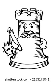 Chess piece, cartoon character, live chess rook, coloring book, illustration for children's chess club