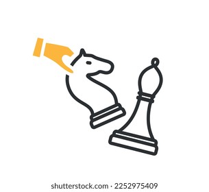 Chess piece color icon. Knight beats bishop, grandmaster or chess player makes move. Winning competition. Games for logic and intelligence. Cartoon flat vector illustration