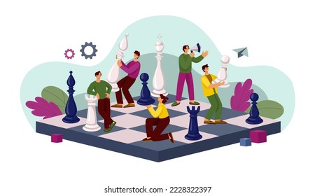 Chess piece company. Competition board. Game management. Play strategy. Partnership idea. People on chessboard with bishop and pawn. Teamwork organization. Vector design tidy concept