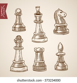 Chess piece figure king queen rook bishop knight pawn icon set. Engraving style pen pencil crosshatch hatching paper painting retro vintage vector lineart illustration.