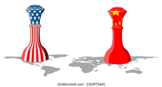 Chess Piece With Flags Of United States And China On The World Map. Vector Illustration Design