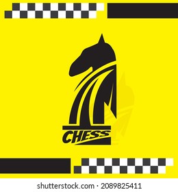 Chess piece, horse silhouette on yellow background with black and white pattern. 