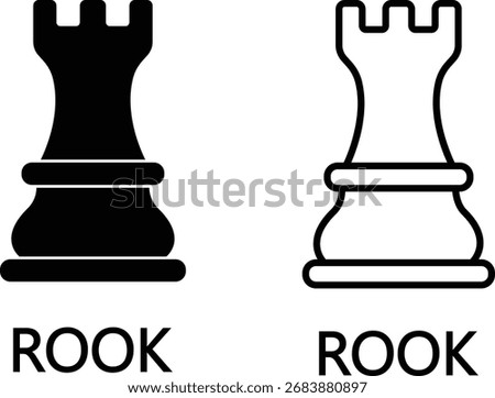 Chess piece icon set rook symbols in black silhouette and line outline vector design, strategy game elements isolated on background