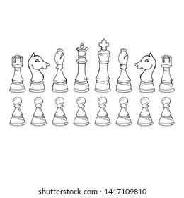Chess piece icon. Vector illustration set of chess pieces. Pawn, knight, horse, bishop, elephant, rook, queen, king. Hand drawn.