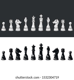 Chess piece icon. Vector illustration set of chess pieces. Pawn, knight, horse, bishop, elephant, rook, queen, king. Hand drawn.